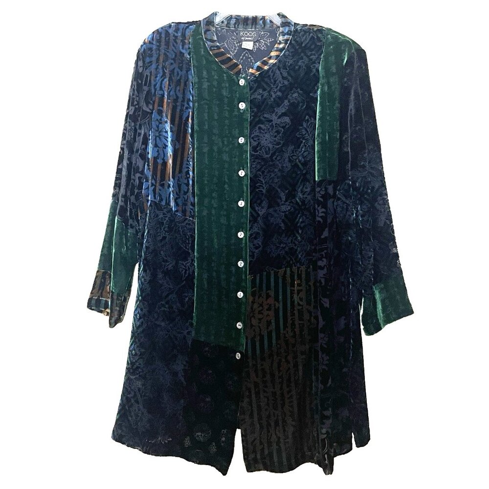 Koos Of Course Duster Jacket 3X Velvet Patchwork Paisley Button Front Boho Artsy